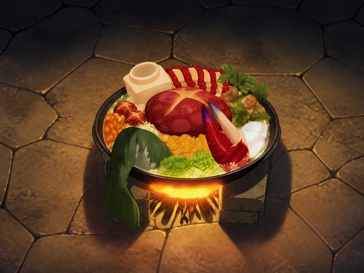 Red dragon feast platter cooking over a fire on a dungeon floor