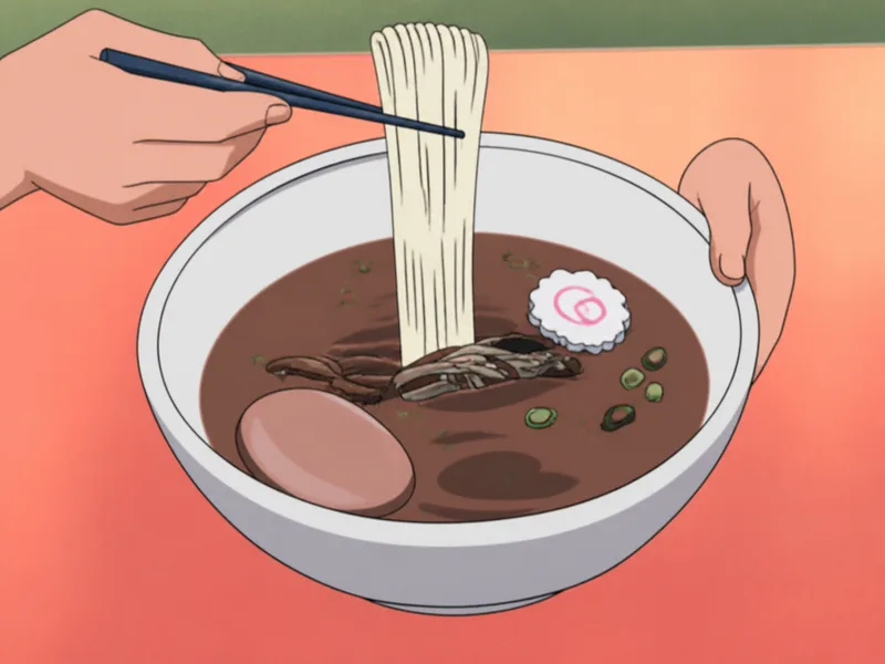 Ichiraku ramen bowl on a coral counter against a muted green background