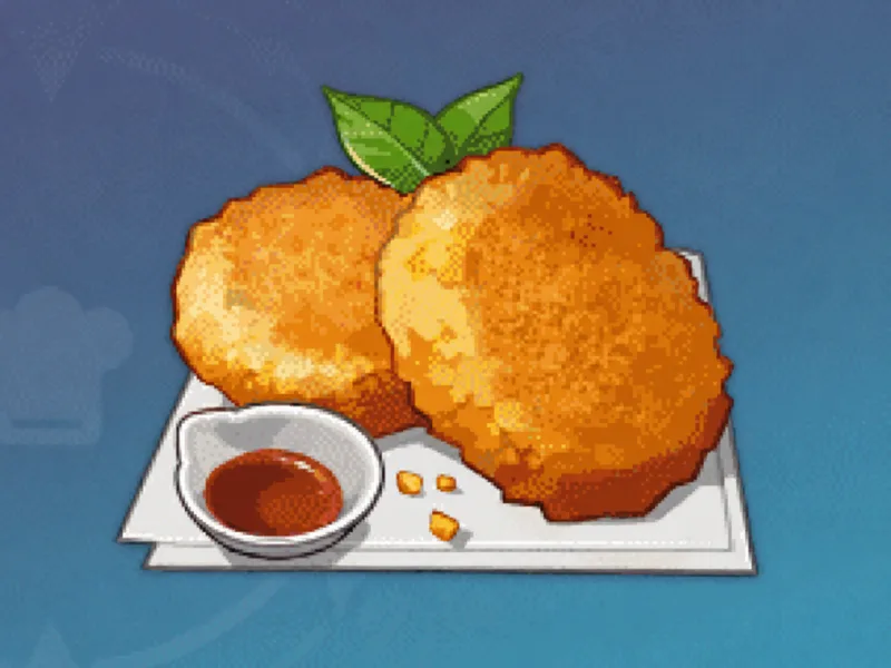 Close-up of two Mondstadt hash browns with sauce on a white plate